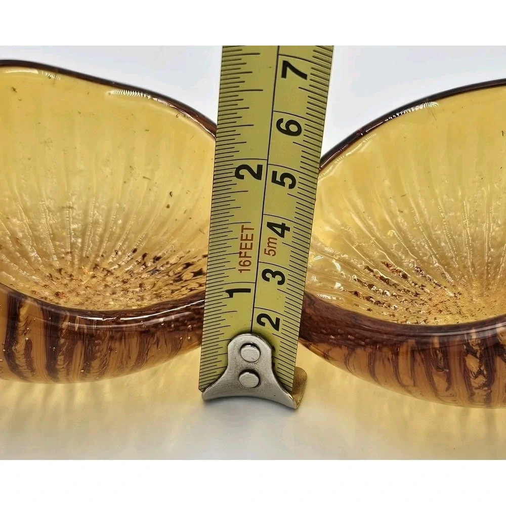 Amber Art Glass Double Bowl Swan Handle Murano Style Mid Century Decorative Dish